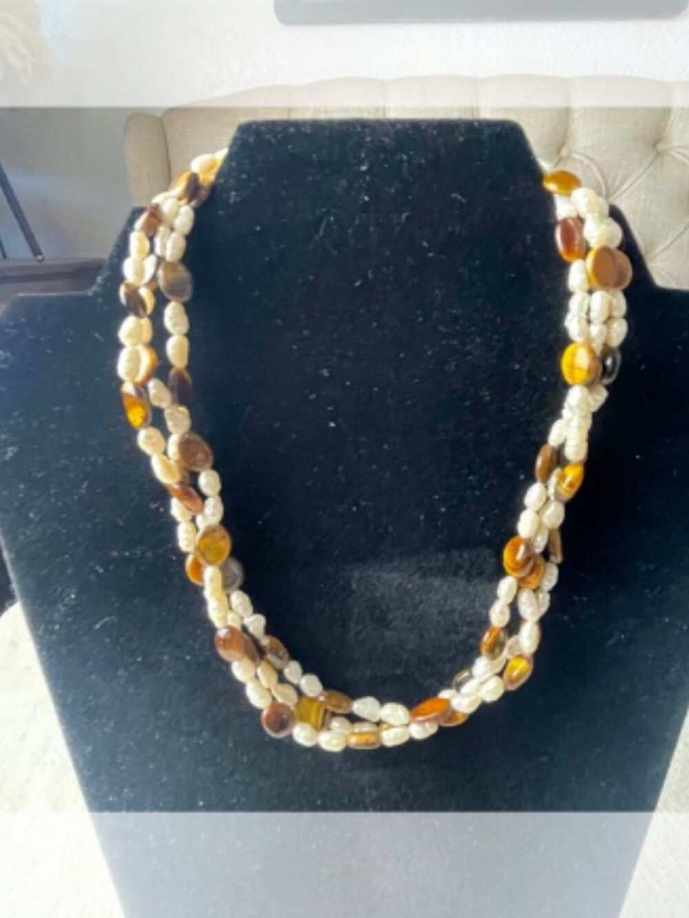 New Vintage 3 Strand Fresh Water Pearl & Tigers Eye on Sterling Necklace